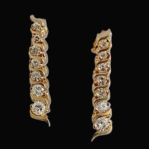 VINTAGE 14 KARAT YELLOW GOLD DIAMOND 'S' BAR TENNIS  DROP STATEMENT EARRINGS
